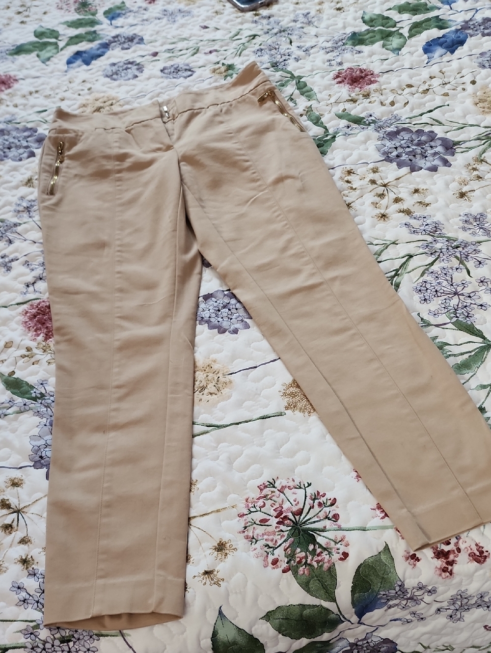 bebe Beige Straight-Leg Jeans with Gold Zipper Accents